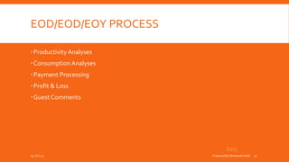 EOD/EOD/EOY PROCESS
Productivity Analyses
Consumption Analyses
Payment Processing
Profit & Loss
Guest Comments
Back
04-Oct-15 Prepared By Mohamed Helal 17
 