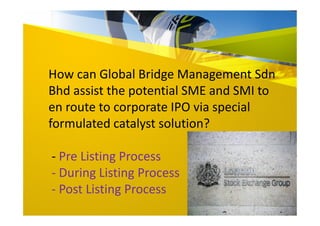How can Global Bridge Management Sdn
Bhd assist the potential SME and SMI to
en route to corporate IPO via special
formulated catalyst solution?
- Pre Listing Process
- During Listing Process
- Post Listing Process
 