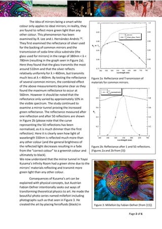 Year 2 Skills Essay – Physics in Artworks and Visual Art in Physics Dana May Ortmann Gilbert
22/02/2016 Tutor: Chris Hawkes
Page 2 of 6
The idea of mirrors being a smart white
colour only applies to ideal mirrors; in reality, they
are found to reflect more green light than any
other colour. This phenomenon has been
examined by R. Lee and J. Hernández-Andrés [3].
They first examined the reflectance of silver used
for the backing of common mirrors and the
transmission of soda-lime silica substrate (the
glass used for mirrors) in the range of 380nm < λ <
780nm (resulting in the graph seen in Figure 2a).
Here they found that the glass transmits the most
around 510nm and that the silver reflects
relatively uniformly for λ > 460nm, but transmits
much less at λ < 460nm. By testing the reflectance
of several common mirrors, the combined effect
of the above measurements became clear as they
found the maximum reflectance to occur at
560nm. However it should be noted that the
reflectance only varied by approximately 10% in
the visible spectrum. The study continued to
examine a mirror tunnel proving the increased
green reflectance. The reflectance measured after
one reflection and after 50 reflections are shown
in Figure 2b (please note that the curve
representing the 50 reflections has been
normalised, as it is much dimmer than the first
reflection). Here it is clearly seen how light of
wavelength 550nm is reflected much more than
any other colour (and the general brightness of
the reflected light decreases resulting in a fade
from the “correct colour” to a greenish colour and
ultimately to black).
We now understand that the mirror tunnel in Yayoi
Kusama’s Infinity Room had a green shine due to the
mirrors’ materials reflecting and transmit more
green light than any other colour.
Consequences of Kusama’s art can be
explained with physical concepts, but Austrian
Fabian Oefner intentionally seeks out ways of
transforming theoretical physics to art. He made the
beautiful photo series named millefoiri including
photographs such as that seen in Figure 3. He
created the art by placing ferrofluids (black) in
Figure 2a: Reflectance and Transmission of
materials for common mirrors.
Figure 2b: Reflectance after 1 and 50 reflections.
(Figures 2a and 2b from [3])
Figure 3: Millefoiri by Fabian Oefner (from [15])
 