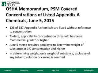 OSHA Memorandum, PSM Covered
Concentrations of Listed Appendix A
Chemicals, June 5, 2015
• 126 of 137 Appendix A chemicals are listed without reference
to concentration
• To date, applicability concentration threshold has been
“commercial grade” or higher
• June 5 memo requires employer to determine weight of
substance at 1% concentration and higher
• In determining weight, only weight of substance, exclusive of
any solvent, solution or carrier, is counted
 