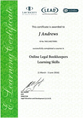 J Andrews - Legal Bookkeeper Certificate [June 2016]