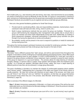 Facilitator Guide15
their smaller parts, e.g., clear directions with clear timing, clear roles, clear benchmarks for accountability,
you assist a small group to work as efficiently as they are able. (If a group is unsuccessful in reaching a
goal, coming to an understanding about why the group was unsuccessful can provide important learning).
Participant handouts are provided for you to organize and set-up small task groups effectively.
Here are a few general facilitative guidelines for Small Task Groups:
•	 Provide tools for coordinating efforts, roles and responsibilities (materials, charts/markers, hand-
outs/board notes with task and roles, timing, check-in points, etc.)
•	 Build in group maintenance methods that you and/or the group can facilitate. Protocols for a
group’s self-monitoring like designating clear management roles greatly help to ensure that a
group can maintain and direct itself independently during task work. Additionally, by building in
group assessment strategies, individuals participating in cooperative group activities can grow
through it by having the opportunity to review and evaluate it.
•	 Be available, monitor and be present in the room to respond to questions or needs for assistance
during small group time.
Throughout the training program participant handouts are provided for small group activities. These will
aid in the facilitation process and help small groups stay focused on the task at hand.
Microlabs
“Microlabs” have a different purpose than “task” groups, and will be used several times throughout this
program. A microlab is a timed, small-group (3-5 people) listening and sharing process, which offers equal
uninterrupted speaking times for each speaker. It is NOT A DISCUSSION (no “cross talk”) and what is
shared in the group remains confidential. A focus statement, topic or question is posed for each member
of the group to respond to in a go-round fashion. The process allows for deep listening of individual
thoughts, feelings, or opinions about a subject. Each speaker self-manages within the timeframe given
(usually 1 to 2 minutes per speaker). Microlabs afford privacy, safety, and more in depth listening of
different points-of-view than can be achieved in a large group discussion.
The goal in facilitating a microlab is to maintain the integrity of uninterrupted speaking (which satisfies
many intrinsic needs). Safeguarding this is important to the effect and impact of this activity (which is
usually powerful). Be clear and concise with directions at each stage of the process, and make sure
you call “time-in” and “time-out” and cue “half-time” for speakers, so that they can gauge themselves
and everyone knows where they are in the process. (See Microlab: Small Group Listening: Handout -
Workshop 2, page 35)
Here is overview of the different stages of a Microlab:
Step 1: (5 min.) Introductory explanation of Microlab, or of topic and purpose (This will be the most
elaborated when you first introduce the Microlab strategy in Workshop 2. Once the protocol is familiar,
only reminders are needed).
Step 2: (5 min.) Transition into small groups (use count off or a fun “up and moving” way to get into
groups).
For The Facilitator
 