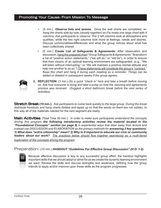 Facilitator Guide
Promoting Your Cause: From Mission To Message
28
•	 (5 min.) Observe lists and assess: Once the wall charts are completed, re-
hang the charts side-by-side (closely together) as if to make one large chart with 4
columns. Ask participants to observe: The 2 left columns look at atmosphere and
qualities, while the two right columns look more at feelings, needs and desires.
Discuss commonalities/differences and what the group notices about what has
been collectively shared.
•	 (5 min.) Create List of Safeguards & Agreements: After observation and
discussion, hang the prepared chart “Group Safeguards &Agreements.” Brainstorm
a list of “positive action statements,” (“we will do,” or “will be”), in order to ensure
that their visions of an optimal learning environment are safeguarded. (e.g., “We
will listen without interrupting;” or “We will maintain a positive mental attitude and
help one another to do so.”) These statements will constitute the group’s “contract.”
Keep this chart and hang it during each meeting as a reminder. Things can be
added or deleted in subsequent weeks if the group agrees.
3.	 REFLECTION: (3 min.) Do a quick “check in” here and take a breath before moving
on. Ask how everyone is doing and take a pulse on how the visioning and agreements
process was received. (Suggest a short bathroom break before the next series of
activities).
Stretch Break (10 min.): Ask participants to come back quickly to the large group. During the break
distribute handouts and hang charts (folded and taped up so that the words on them are not visible). In
this way all of the materials needed for the next segment are ready.
Main Activities (Total Time 50 min.): In order to make sure participants understand the concepts
driving this program the following introductory activities review the material located in the
“Foundational Concepts” section (on page 9) in experiential ways that steer away from lecture and
instead use DISCUSSION and ELABORATION as the primary methods for answering 2 key questions:
1) What does “active citizenship” mean? 2) Why is it important to educate our civic or community
leaders about our work? The practices below should flow together seamlessly as a multi-tiered
exploration of the concepts driving the program.
Preparation: (10 min.) HANDOUT “Guidelines For Effective Group Discussion” (H.O. 1-2).
Because effective discussion is key to any successful group effort, the handout highlights
important skills that we should adopt or strive for as we create the dynamic learning environment
we want. Review the skills and discuss strengths and weakness, defining how the group
intends to apply and/or improve upon these skills as the program progresses.
 