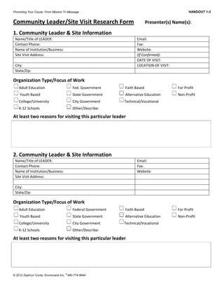 Promoting Your Cause: From Mission To Message HANDOUT 1-3
© 2012 Zephryn Conte, Environarts Inc.
®
480-774-9844 
Community Leader/Site Visit Research Form  Presenter(s) Name(s): 
 
1. Community Leader & Site Information 
Name/Title of LEADER:   Email: 
Contact Phone:   Fax: 
Name of Institution/Business:  Website:   
Site Visit Address:  (If Confirmed): 
  DATE OF VISIT: 
City:  LOCATION OF VISIT: 
State/Zip:   
 
Organization Type/Focus of Work 
Adult Education     Fed. Government     Faith Based      For Profit  
 Youth Based     State Government     Alternative Education    Non‐Profit 
College/University     City Government    Technical/Vocational 
K‐12 Schools     Other/Describe:           
 
At least two reasons for visiting this particular leader  
     
 
2. Community Leader & Site Information 
Name/Title of LEADER:   Email: 
Contact Phone:   Fax: 
Name of Institution/Business:  Website:   
Site Visit Address:   
   
City:   
State/Zip:   
 
Organization Type/Focus of Work 
Adult Education     Federal Government   Faith Based      For Profit  
 Youth Based     State Government     Alternative Education    Non‐Profit 
College/University     City Government    Technical/Vocational 
K‐12 Schools     Other/Describe: 
 
At least two reasons for visiting this particular leader  
     
 
 