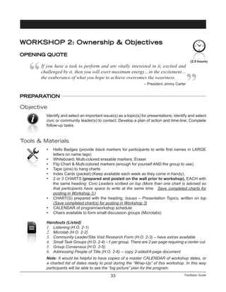 Facilitator Guide33
PREPARATION
Objective
Identify and select an important issue(s) as a topic(s) for presentations; identify and select
civic or community leader(s) to contact; Develop a plan of action and time-line; Complete
follow-up tasks.
Tools & Materials
•	 Hello Badges (provide black markers for participants to write first names in LARGE
letters on name tags)
•	 Whiteboard; Multi-colored erasable markers; Eraser
•	 Flip Chart & Multi-colored markers (enough for yourself AND the group to use)
•	 Tape (pins) to hang charts
•	 Index Cards (packet) (Keep available each week as they come in handy).
•	 2 or 3 CHARTS (prepared and posted on the wall prior to workshop), EACH with
the same heading: Civic Leaders scribed on top (More than one chart is advised so
that participants have space to write at the same time. Save completed charts for
posting in Workshop 3.)
•	 CHART(S) prepared with the heading: Issues – Presentation Topics, written on top
(Save completed chart(s) for posting in Workshop 3)
•	 CALENDAR of program/workshop schedule
•	 Chairs available to form small discussion groups (Microlabs)
Handouts (Listed)
1.	 Listening (H.O. 2-1)
2.	 Microlab (H.O. 2-2)
3.	 Community Leader/Site Visit Research Form (H.O. 2-3) – have extras available
4.	 Small Task Groups (H.O. 2-4) --1 per group. There are 2 per page requiring a center cut.
5.	 Group Consensus (H.O. 2-5)
6.	 Addressing People of Title (H.O. 2-6) -- copy 2-sided/4-page document
Note: It would be helpful to have copies of a master CALENDAR of workshop dates, or
a charted list of dates ready to post during the “Wrap-Up” of this workshop. In this way
participants will be able to see the “big picture” plan for the program.
(2.5 hours)
WORKSHOP 2: Ownership & Objectives
OPENING QUOTE
If you have a task to perform and are vitally interested in it, excited and
challenged by it, then you will exert maximum energy…in the excitement…
the exuberance of what you hope to achieve overcomes the weariness.
– President Jimmy Carter
 