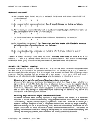 Promoting Your Cause: From Mission To Message HANDOUT 2-1
© 2012 Zephryn Conte, Environarts Inc.
®
480-774-9844 2 of 3
(Diagnostic continued)
10. As a listener, when you do respond to a speaker, do you use a receptive tone-of-voice to
convey interest?
1 2 3 4 5
11. Do you ever reflect a person’s feelings? E.g., It sounds like you are feeling sad about...
1 2 3 4 5
12. As you listen, do you intentionally work to subdue or suspend judgments that may come up
about the speaker or what the speaker is saying?
1 2 3 4 5
13. Do you summarize or re-cap major ideas or feelings expressed by the speaker?
1 2 3 4 5
14. Do you validate the speaker? E.g., I appreciate you/what you’ve said…Thanks for speaking
up/telling me this information/sharing your feelings...
1 2 3 4 5
15. Do you withhold advice, unless you are invited to offer it, or you first ask to give it?
1 2 3 4 5
* Note: A perfect “mastery” score totals 75 points. Even the writer does not score a 75! A low
score is 15. 37½ is a “middle” score, which is an average listener. Most will be in that range.
Listening is an on going practice that requires intention, self-awareness and attention!
Benefits of Effective Listening:
Effective listening is a decision, a skill and an art. It is a choice about the quality of conversation
we want and a key ingredient in successful relationships. We demonstrate a kind of generosity
when we really listen to someone. And since words only account for about 30% of how we make
meaning, listening requires that we engage all of our senses - eyes, ears, mind and heart -
focusing our full attention in order to understand what the speaker is intending to convey.
Listening gives us information and teaches us to be receptive.
When we “give someone the floor,” the focus is on what they have to say - whether we
agree with it, or not. This helps to define a situation, to know where the speaker stands
(and thus ourselves), and allows us to empathize with the speaker’s feelings and
motivations. Intentional active listening supports us to move the focus away from ourselves
and put aside any feelings or biases that might be blocking our ability to fully absorb the
information that is being communicated.
Listening helps to diffuse anger and resolve conflicts.
In conflict situations when differing opinions or angry feelings are present, it is especially
important to use the skill of active listening. Angry people want to be heard. When we “listen-for-
understanding,” we purposefully suspend judgment and try to “hear.” When we acknowledge a
speaker’s feelings and point-of-view, it can greatly diminish and diffuse any anger or hostility.
Effective listening can be a “magic healing balm,” because when feelings are heard and not
judged (which does not mean you have to agree), hostilities tend to decrease. This creates an
opening for discussion rather than setting up an argument, and leads toward understanding and
defining the underlying problem, which increases the likelihood of finding a solution.
 
