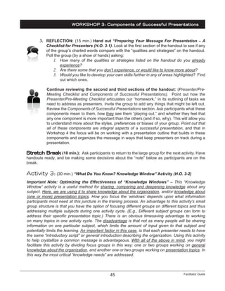 Facilitator Guide45
3.	 REFLECTION: (15 min.) Hand out “Preparing Your Message For Presentation – A
Checklist for Presenters (H.O. 3-1). Look at the first section of the handout to see if any
of the group’s charted words compare with the “qualities and strategies” on the handout.
Poll the group (by a show of hands) asking:
1.	 How many of the qualities or strategies listed on the handout do you already
experience?
2.	 Are there some that you don’t experience, or would like to know more about?
3.	 Would you like to develop your own skills further in any of areas highlighted? Find
out which ones.
Continue reviewing the second and third sections of the handout: (Presenter/Pre-
Meeting Checklist and Components of Successful Presentations). Point out how the
Presenter/Pre-Meeting Checklist articulates our “homework,” in its outlining of tasks we
need to address as presenters. Invite the group to add any things that might be left out.
Review the Components of Successful Presentations section. Ask participants what these
components mean to them, how they see them “playing out,” and whether they feel that
any one component is more important than the others (and if so, why). This will allow you
to understand more about the styles, preferences or biases of your group. Point out that
all of these components are integral aspects of a successful presentation, and that in
Workshop 4 the focus will be on working with a presentation outline that builds in these
components and organizes the message in ways that keep presenters on track during a
presentation.
Stretch Break (10 min.): Ask participants to return to the large group for the next activity. Have
handouts ready, and be making some decisions about the “note” below as participants are on the
break.
Activity 3: (30 min.) “What Do You Know? Knowledge Window” Activity (H.O. 3-2)
Important Note: Optimizing the Effectiveness of “Knowledge Windows” – This “Knowledge
Window” activity is a useful method for sharing, comparing and deepening knowledge about any
subject. Here, we are using it to share knowledge about the organization, and/or knowledge about
(one or more) presentation topics. How you focus the ‘windows’ depends upon what information
participants most need at this juncture in the training process. An advantage to this activity’s small
group structure is that you have the option of focusing different groups on different topics and thus
addressing multiple subjects during one activity cycle. (E.g., Different subject groups can form to
address their specific presentation topic.) There is an obvious timesaving advantage to working
on many topics in one activity cycle. The disadvantage is that not as many people will be sharing
information on one particular subject, which limits the amount of input given to that subject and
potentially limits the learning. An important factor in this case, is that each presenter needs to have
the same “introductory script” or general introduction describing the organization. Using this activity
to help crystallize a common message is advantageous. With all of the above in mind, you might
facilitate this activity by dividing focus groups in this way: one or two groups working on general
knowledge about the organization, and another one or two groups working on presentation topics. In
this way the most critical “knowledge needs” are addressed.
WORKSHOP 3: Components of Successful Presentations
 