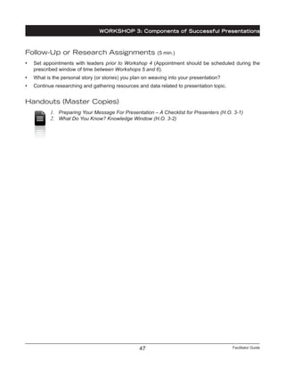 Facilitator Guide47
Follow-Up or Research Assignments (5 min.)
•	 Set appointments with leaders prior to Workshop 4 (Appointment should be scheduled during the
prescribed window of time between Workshops 5 and 6).
•	 What is the personal story (or stories) you plan on weaving into your presentation?
•	 Continue researching and gathering resources and data related to presentation topic.
Handouts (Master Copies)
1.	 Preparing Your Message For Presentation – A Checklist for Presenters (H.O. 3-1)
2.	 What Do You Know? Knowledge Window (H.O. 3-2)
WORKSHOP 3: Components of Successful Presentations
 