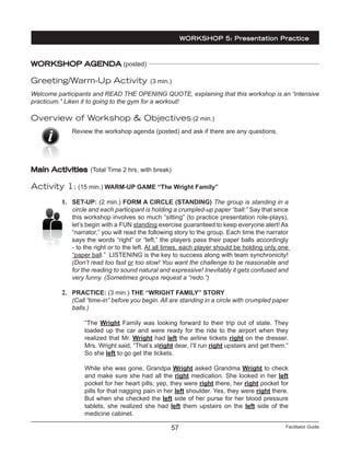 Facilitator Guide57
WORKSHOP AGENDA (posted)
Greeting/Warm-Up Activity (3 min.)
Welcome participants and READ THE OPENING QUOTE, explaining that this workshop is an “intensive
practicum.” Liken it to going to the gym for a workout!
Overview of Workshop & Objectives (2 min.)
Review the workshop agenda (posted) and ask if there are any questions.
Main Activities (Total Time 2 hrs. with break)
Activity 1: (15 min.) WARM-UP GAME “The Wright Family”
1.	 SET-UP: (2 min.) FORM A CIRCLE (STANDING) The group is standing in a
circle and each participant is holding a crumpled-up paper “ball:” Say that since
this workshop involves so much “sitting” (to practice presentation role-plays),
let’s begin with a FUN standing exercise guaranteed to keep everyone alert! As
“narrator,” you will read the following story to the group. Each time the narrator
says the words “right” or “left,” the players pass their paper balls accordingly
- to the right or to the left. At all times, each player should be holding only one
“paper ball.” LISTENING is the key to success along with team synchronicity!
(Don’t read too fast or too slow! You want the challenge to be reasonable and
for the reading to sound natural and expressive! Inevitably it gets confused and
very funny. (Sometimes groups request a “redo.”)
2.	 PRACTICE: (3 min.) THE “WRIGHT FAMILY” STORY
(Call “time-in” before you begin. All are standing in a circle with crumpled paper
balls.)
“The Wright Family was looking forward to their trip out of state. They
loaded up the car and were ready for the ride to the airport when they
realized that Mr. Wright had left the airline tickets right on the dresser.
Mrs. Wright said, “That’s alright dear, I’ll run right upstairs and get them.”
So she left to go get the tickets.
While she was gone, Grandpa Wright asked Grandma Wright to check
and make sure she had all the right medication. She looked in her left
pocket for her heart pills; yep, they were right there, her right pocket for
pills for that nagging pain in her left shoulder. Yes, they were right there.
But when she checked the left side of her purse for her blood pressure
tablets, she realized she had left them upstairs on the left side of the
medicine cabinet.
WORKSHOP 5: Presentation Practice
 