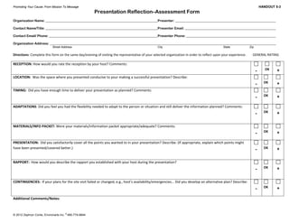 Promoting Your Cause: From Mission To Message HANDOUT 5-3 
© 2012 Zephryn Conte, Environarts Inc.
®
480-774-9844  
Presentation Reflection–Assessment Form
Organization Name: Presenter:
Contact Name/Title: Presenter Email:
Contact Email/ Phone: Presenter Phone:
Organization Address:
Street Address City State Zip
Directions: Complete this form on the same day/evening of visiting the representative of your selected organization in order to reflect upon your experience.        GENERAL RATING 
 
RECEPTION: How would you rate the reception by your host? Comments:
‐ 
 
OK 
 
+ 
LOCATION:  Was the space where you presented conducive to your making a successful presentation? Describe: 
‐ 
OK  
 
+ 
TIMING:  Did you have enough time to deliver your presentation as planned? Comments:
‐ 
OK  
 
+ 
ADAPTATIONS: Did you feel you had the flexibility needed to adapt to the person or situation and still deliver the information planned? Comments:
‐ 
OK  
 
+ 
MATERIALS/INFO PACKET: Were your materials/information packet appropriate/adequate? Comments: 
  ‐ 
OK  
 
+ 
PRESENTATION:  Did you satisfactorily cover all the points you wanted to in your presentation? Describe: (If appropriate, explain which points might 
have been presented/covered better.) 
 
‐ 
OK  
 
+ 
RAPPORT:  How would you describe the rapport you established with your host during the presentation?  
‐ 
OK  
 
+ 
CONTINGENCIES:  If your plans for the site visit failed or changed, e.g., host’s availability/emergencies… Did you develop an alternative plan? Describe:
‐ 
OK  
 
+ 
Additional Comments/Notes:  
 