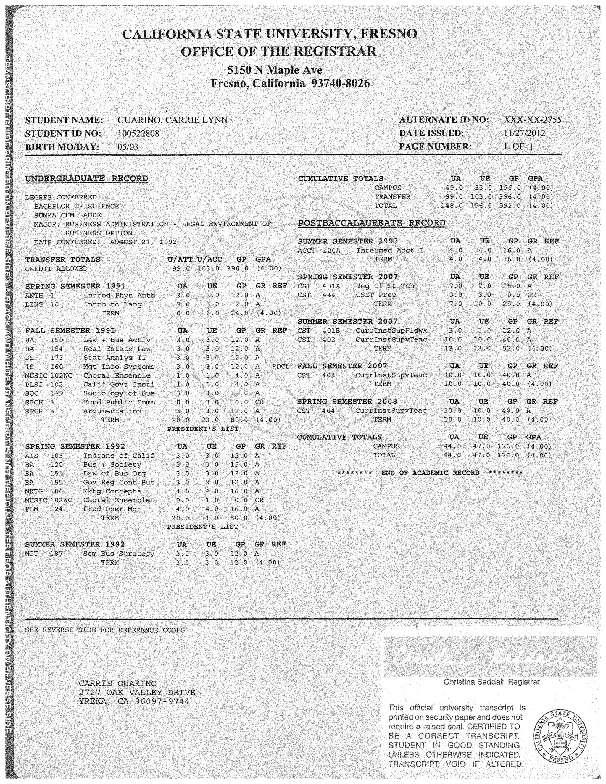fresno state transcript PDF