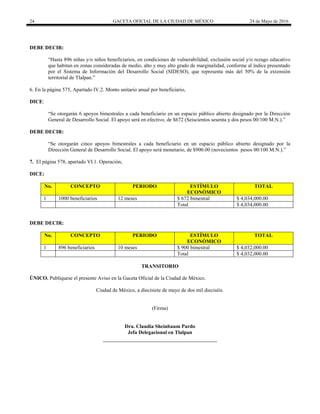 24 GACETA OFICIAL DE LA CIUDAD DE MÉXICO 24 de Mayo de 2016
DEBE DECIR:
“Hasta 896 niñas y/o niños beneficiarios, en condiciones de vulnerabilidad, exclusión social y/o rezago educativo
que habitan en zonas consideradas de medio, alto y muy alto grado de marginalidad, conforme al índice presentado
por el Sistema de Información del Desarrollo Social (SIDESO), que representa más del 50% de la extensión
territorial de Tlalpan.”
6. En la página 575, Apartado IV.2. Monto unitario anual por beneficiario,
DICE:
“Se otorgarán 6 apoyos bimestrales a cada beneficiario en un espacio público abierto designado por la Dirección
General de Desarrollo Social. El apoyo será en efectivo, de $672 (Seiscientos sesenta y dos pesos 00/100 M.N.).”
DEBE DECIR:
“Se otorgarán cinco apoyos bimestrales a cada beneficiario en un espacio público abierto designado por la
Dirección General de Desarrollo Social. El apoyo será monetario, de $900.00 (novecientos pesos 00/100 M.N.).”
7. El página 578, apartado VI.1. Operación,
DICE:
No. CONCEPTO PERIODO ESTÍMULO
ECONÓMICO
TOTAL
1 1000 beneficiarios 12 meses $ 672 bimestral $ 4,034,000.00
Total $ 4,034,000.00
DEBE DECIR:
No. CONCEPTO PERIODO ESTÍMULO
ECONÓMICO
TOTAL
1 896 beneficiarios 10 meses $ 900 bimestral $ 4,032,000.00
Total $ 4,032,000.00
TRANSITORIO
ÚNICO. Publíquese el presente Aviso en la Gaceta Oficial de la Ciudad de México.
Ciudad de México, a diecisiete de mayo de dos mil dieciséis.
(Firma)
Dra. Claudia Sheinbaum Pardo
Jefa Delegacional en Tlalpan
 
