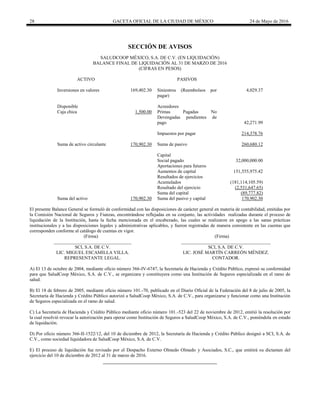 28 GACETA OFICIAL DE LA CIUDAD DE MÉXICO 24 de Mayo de 2016
SECCIÓN DE AVISOS
SALUDCOOP MÉXICO, S.A. DE C.V. (EN LIQUIDACIÓN)
BALANCE FINAL DE LIQUIDACIÓN AL 31 DE MARZO DE 2016
(CIFRAS EN PESOS)
ACTIVO PASIVOS
Inversiones en valores 169,402.30 Siniestros (Reembolsos por
pagar)
4,029.37
Disponible Acreedores
Caja chica 1,500.00 Primas Pagadas No
Devengadas pendientes de
pago 42,271.99
Impuestos por pagar 214,378.76
Suma de activo circulante 170,902.30 Suma de pasivo 260,680.12
Capital
Social pagado 32,000,000.00
Aportaciones para futuros
Aumentos de capital 151,555,975.42
Resultados de ejercicios
Acumulados (181,114,105.59)
Resultado del ejercicio (2,531,647.65)
Suma del capital (89,777.82)
Suma del activo 170,902.30 Suma del pasivo y capital 170,902.30
El presente Balance General se formuló de conformidad con las disposiciones de carácter general en materia de contabilidad, emitidas por
la Comisión Nacional de Seguros y Fianzas, encontrándose reflejadas en su conjunto, las actividades realizadas durante el proceso de
liquidación de la Institución, hasta la fecha mencionada en el encabezado, las cuales se realizaron en apego a las sanas prácticas
institucionales y a las disposiciones legales y administrativas aplicables, y fueron registradas de manera consistente en las cuentas que
corresponden conforme al catálogo de cuentas en vigor.
(Firma) (Firma)
_________________________________ ______________________________________
SCI, S.A. DE C.V. SCI, S.A. DE C.V.
LIC. MIGUEL ESCAMILLA VILLA. LIC. JOSÉ MARTÍN CARREÓN MÉNDEZ.
REPRESENTANTE LEGAL. CONTADOR.
A) El 13 de octubre de 2004, mediante oficio número 366-IV-6747, la Secretaría de Hacienda y Crédito Público, expresó su conformidad
para que SaludCoop México, S.A. de C.V., se organizara y constituyera como una Institución de Seguros especializada en el ramo de
salud.
B) El 18 de febrero de 2005, mediante oficio número 101.-70, publicado en el Diario Oficial de la Federación del 8 de julio de 2005, la
Secretaría de Hacienda y Crédito Público autorizó a SaludCoop México, S.A. de C.V., para organizarse y funcionar como una Institución
de Seguros especializada en el ramo de salud.
C) La Secretaría de Hacienda y Crédito Público mediante oficio número 101.-523 del 22 de noviembre de 2012, emitió la resolución por
la cual resolvió revocar la autorización para operar como Institución de Seguros a SaludCoop México, S.A. de C.V., poniéndola en estado
de liquidación.
D) Por oficio número 366-II-1522/12, del 10 de diciembre de 2012, la Secretaría de Hacienda y Crédito Público designó a SCI, S.A. de
C.V., como sociedad liquidadora de SaludCoop México, S.A. de C.V.
E) El proceso de liquidación fue revisado por el Despacho Externo Olmedo Olmedo y Asociados, S.C., que emitirá su dictamen del
ejercicio del 10 de diciembre de 2012 al 31 de marzo de 2016.
 