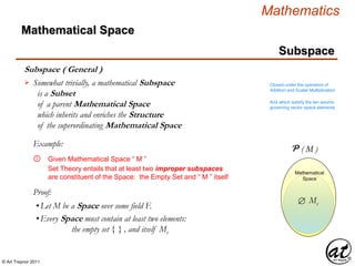 © Art Traynor 2011
Mathematics
Subspace
Subspace ( General )
Mathematical Space
Somewhat trivially, a mathematical Subspace
is a Subset
of a parent Mathematical Space
which inherits and enriches the Structure
of the superordinating Mathematical Space
 Closed under the operation of
Addition and Scalar Multiplication
And which satisfy the ten axioms
governing vector space elements
Mathematical
Space
M
Mathematical
Space
Given Mathematical Space “ M ”①
Example:
Set Theory entails that at least two improper subspaces
are constituent of the Space: the Empty Set and “ M ” itself
Proof:
•Let M be a Space over some field F.
•Every Space must contain at least two elements:
the empty set { } , and itself Ms
P ( M )
Ms
 
