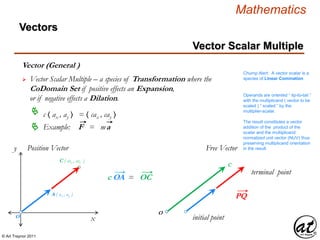 © Art Traynor 2011
Mathematics
Vectors
Vector (General )
PQ
x
y Position Vector
O initial point
Free Vector
C
 Vector Scalar Multiple – a species of Transformation where the
CoDomain Set if positive effects an Expansion,
or if negative effects a Dilation.

O
C ( cax , cay )
A ( ax , ay )
c OA = OC
terminal point
Example: F = ma
Vector Scalar Multiple
Operands are oriented “ tip-to-tail ”
with the multiplicand ( vector to be
scaled ) “ scaled ” by the
multiplier-scalar.
The result constitutes a vector
addition of the product of the
scalar and the multiplicand
normalized unit vector (NUV) thus
preserving multiplicand orientation
in the result
c 〈 ax , ay 〉 = 〈 cax , cay 〉
Chump Alert: A vector scalar is a
species of Linear Comination
 
