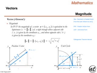 © Art Traynor 2011
Mathematics
Magnitude
Vectors
Vector ( General ) Aka: Geometric or Spatial Vector
From the Latin Vehere (to carry)
x
y
O
θ
A ( ax , ay )
 Magnitude
a
Position Vector
PVF: Position Vector Form
xO
θ
a (adj )
b (opp )
r = c (hyp )
M A (1, 0)
P ( cos θ, sin θ )
1
tan θ
cos θ
Q
sin θ
y
UCF: Unit Circle Form
ay
ax
Unit Circle
In PVF the magnitude of a vector a = 〈 ax , ay 〉 is equivalent to the
hypotenuse ( c = ║a ║ ) of a right triangle whose adjacent side
( a ) is given by the coordinate a1 , and whose opposite side ( b )
is given by the coordinate a2 :
2 2
ax + ay║a ║ = ║ 〈 ax , ay 〉 ║ =
Pythagorean Theorem derived
 