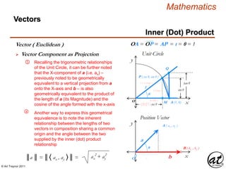 © Art Traynor 2011
Mathematics
Vectors
x
y
Position Vector
O
A ( ax , ay )
B ( bx , by )
a
b
θ
 Vector Component as Projection
Vector ( Euclidean )
Inner (Dot) Product
⑤ Recalling the trigonometric relationships
of the Unit Circle, it can be further noted
that the X-component of a (i.e. ax) –
previously noted to be geometrically
equivalent to a vertical projection from a
onto the X-axis and b – is also
geometrically equivalent to the product of
the length of a (its Magnitude) and the
cosine of the angle formed with the x-axis
ax
2 2
ax + ay║a ║ = ║〈 ax , ay 〉║ =
Another way to express this geometrical
equivalence is to note the inherent
relationship between the lengths of two
vectors in composition sharing a common
origin and the angle between the two
supplied by the inner (dot) product
relationship
xO
θ
a (adj )
b (opp )
r = c (hyp )
M A (1, 0)
P ( cos θ, sin θ )
1
tan θ
(r|c|1) cos θ
Q
sin θ
y
Unit Circle
a
OA = OP = AP = t = θ = 1
 