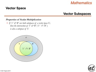 © Art Traynor 2011
Mathematics
Vector Subspaces
U
V W
V  W
Properties of Scalar Multiplication
If V & W are both subspaces of a vector space U,
then the intersection of V & W ( V  W )
is also a subspace of U

Vector Space
 