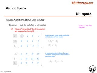 © Art Traynor 2011
Mathematics
Nullspace
Vector Space
Matrix Nullspace, Rank, and Nullity
Example: find the nullspace of the matrix Section 4.6, (Pg. 195),
Example 7
Having “zeroed-out” the first column,
we proceed to the right…
1 2 0 3C1
0 0 2 2A1
0 0 – 5 – 5B1
Rows Two and Three can be dispatched
with a scaling by their product
5A1 = A2
2B1 = B2
0 0 10 10A2
0 0 – 10 – 10B2
A simple summation of Rows Two and
Three will thereby reduce this matrix to a
very tame state
A2 + B2 = B3
0 0 0 0B3
④
 