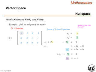 © Art Traynor 2011
Mathematics
Nullspace
Vector Space
Matrix Nullspace, Rank, and Nullity
Example: find the nullspace of the matrix Section 4.6, (Pg. 195),
Example 7
Continued…
1 2 0 3
0 0 0 0
0 0 1 1
System of Linear Equations⑤
x1 + 2s2 + 2x3 + 3t4 = 0
x1 + 2x2 + 1x3 3 + 1t4 = 0
x1 + 2x2 + 1x3 + 1x2 = s
x1 + 2x2 + 1x3 + 1x4 = t
x1 + 2s2 + 2x3 + 3t4 = – 2s – 3t
x1 + 2s2 + 2x3 + x1 = – 2s – 3t
x1 + 2s2 + 2x3 + x3 = – t
B =
 