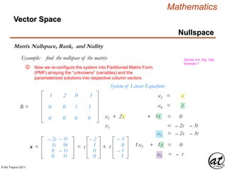 © Art Traynor 2011
Mathematics
Nullspace
Vector Space
Matrix Nullspace, Rank, and Nullity
Example: find the nullspace of the matrix Section 4.6, (Pg. 195),
Example 7
Now we re-configure the system into Partitioned Matrix Form
(PMF) arraying the “unknowns” (variables) and the
parameterized solutions into respective column vectors
1 2 0 3
0 0 0 0
0 0 1 1
System of Linear Equations
x1 + 2s2 + 2x3 + 3t4 = 0
x1 + 2x2 + 1x3 3 + 1t4 = 0
x1 + 2x2 + 1x3 + 1x2 = s
x1 + 2x2 + 1x3 + 1x4 = t
x1 + 2s2 + 2x3 + 3t4 = – 2s – 3t
x1 + 2s2 + 2x3 + x1 = – 2s – 3t
x1 + 2s2 + 2x3 + x3 = – t
⑥
– 2s
1s
0
– 3t
0t
– 1t
0 1t
x =
– 2
1
0
– 3
0
– 1
0 1
= s + t
B =
 