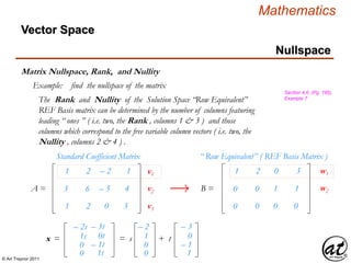 © Art Traynor 2011
Mathematics
Nullspace
Vector Space
Matrix Nullspace, Rank, and Nullity
Example: find the nullspace of the matrix
Section 4.6, (Pg. 195),
Example 7
– 2s
1s
0
– 3t
0t
– 1t
0 1t
x =
– 2
1
0
– 3
0
– 1
0 1
= s + t
The Rank and Nullity of the Solution Space “Row Equivalent”
REF Basis matrix can be determined by the number of columns featuring
leading “ ones ” ( i.e. two, the Rank , columns 1 & 3 ) and those
columns which correspond to the free variable column vectors ( i.e. two, the
Nullity , columns 2 & 4 ) .
1
3
1
2
6
2
– 2
– 5
0
1
4
3
Standard Coefficient Matrix
A =
v1
v2
v3
1 2 0 3
0 0 0 0
0 0 1 1B =
“ Row Equivalent” ( REF Basis Matrix )
w1
w2
 