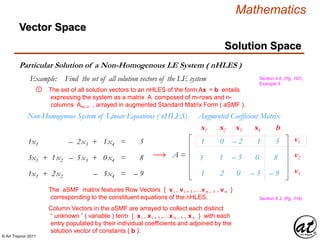 © Art Traynor 2011
Mathematics
1
3
1
0
1
2
– 2
– 5
0
1
0
– 5
Augmented Coefficient Matrix
Solution Space
Vector Space
Particular Solution of a Non-Homogenous LE System ( nHLES )
Example: Find the set of all solution vectors of the LE system Section 4.6, (Pg. 197),
Example 9
5
8
– 9
1x1 + 0x2 – 2x3 + 1x4 = 5s
3x1 + 1x2 – 5x3 + 0x4 = 8s
1x1 + 2x2 – 0x3 – 5x4 = – 9s
Non-Homogenous System of Linear Equations ( nHLES)
A =
v1
v2
v3

x1 x2 x3 x4 b
Section 6.3, (Pg. 314)
The set of all solution vectors to an nHLES of the form Ax = b entails
expressing the system as a matrix A composed of m-rows and n-
columns Amx n , arrayed in augmented Standard Matrix Form ( aSMF ).
①
The aSMF matrix features Row Vectors { v i , v i + 1 ,…vn – 1 , v n }
corresponding to the constituent equations of the nHLES.
Column Vectors in the aSMF are arrayed to collect each distinct
“ unknown ” ( variable ) term { xi , x i + 1 ,…xn – 1 , x n } with each
entry populated by their individual coefficients and adjoined by the
solution vector of constants { b }.
 