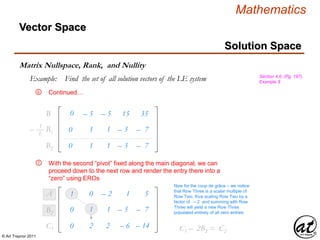 © Art Traynor 2011
Mathematics
Vector Space
Matrix Nullspace, Rank, and Nullity
Section 4.6, (Pg. 197),
Example 9
Solution Space
Example: Find the set of all solution vectors of the LE system
Continued…
B1
0B2
1
0
0
2
– 2
2
1
– 6
5
– 14
A1
C1
With the second “pivot” fixed along the main diagonal, we can
proceed down to the next row and render the entry there into a
“zero” using EROs
B2
Now for the coup de grâce – we notice
that Row Three is a scalar multiple of
Row Two, thus scaling Row Two by a
factor of – 2 and summing with Row
Three will yield a new Row Three
populated entirely of all zero entries
0 1 1 – 3 – 7
⑥
– B1
1
5
0 – 5 – 5 15 35
1 1 – 3 – 7
0 1 1 – 3 – 7
⑦
C1 – 2B2 = C2
 