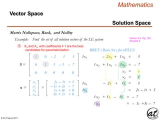 © Art Traynor 2011
Mathematics
Vector Space
Matrix Nullspace, Rank, and Nullity
Section 4.6, (Pg. 197),
Example 9
Solution Space
Example: Find the set of all solution vectors of the LE system
X3 and X4 with coefficients ≠ 1 are the best
candidates for parameterization.
1
0
0
0
– 2
0
1
0
5
0
0 1 1 – 3 – 7B =
RREF ( Basis Set ) for nHLES
1x1 + 0x2 – 2x3 + 1x4 = 5s
3x1 + 1x2 + 1x3 – 3x4 = – 7s
x1 + 2x2 + 1x3 + 1x3 = s
x1 + 2x2 + 1x3 + 1x4 = t
1x1 + 0x2 – 2s + 1t4 = 5s
1x1 + 0x2 – 2s + 1t4 = 2s – 1t + 5s
3x1 + 1x2 + 1s3 – 3t4 = – 7s
3x1 + 1x2 + 1s3 – 3t4 = – 1ss +3t – 7s
2s
– 1s
1s
– 1t
+ 3t
+ 0t
0s + 1t
x =
+ 5
– 7
+ 0
x1
x2
x3
x4
=
+ 0
⑨
 