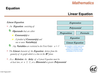 © Art Traynor 2011
Mathematics
Linear Equation
Linear Equation
Equation
An Equation consisting of:
Operands that are either
Any Variables are restricted to the First Order n = 1
Linear Equation
An equation in which each term
is either a constant or the
product of a constant and (a)
variable[s] of the first order
Expression
Proposition
Equation
Formula
n Constant(s) or
n A product of Constant(s) and
one or more Variable(s)
The Linear character of the Equation derives from the
geometry of its graph which is a line in the R2 plane

As a Relation the Arity of a Linear Equation must be
at least two, or n ≥ 2 , or a Binomial or greater Polynomial

Polynomial
 
