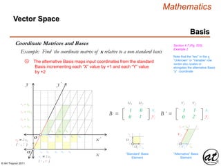 © Art Traynor 2011
Mathematics
y´
Vector Space
Basis
Coordinate Matrices and Bases Section 4.7 (Pg. 203),
Example 2
Example: Find the coordinate matrix of x relative to a non-standard basis
The alternative Basis maps input coordinates from the standard
Basis incrementing each “X” value by +1 and each “Y” value
by +2
Note that the “two” in the yi
“Unknown” or “Variable” row
vector also scales or
elongates the alternative Basis
“y” coordinate
x
y
x´
O
O ´
1B 2B 3B 4B 5B
1B ⇌ ½B´
1B´ 2B´ 3B´
2B ⇌ 1B´
3B ⇌ 1½ B´
4B ⇌ 2B´
v2 = 2 u2
( 1 , 2 )
v1 = 1 u1
( 1 , 0 )
111 012
021 122
B =
u1 u2
xi
yj
u2
u1
v2
v1
111 112
021 222
B ´ =
v1 v2
xi
yj
“Standard” Basis
Element
“Alternative” Basis
Element
1B
1B
1B´
2B ⇌ 1B´
1B´ 2B´ 3B´ 4B´ 5B´
3c
 