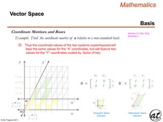 © Art Traynor 2011
Mathematics
y´
Vector Space
Basis
Coordinate Matrices and Bases Section 4.7 (Pg. 203),
Example 2
Example: Find the coordinate matrix of x relative to a non-standard basis
Thus the coordinate values of the two systems superimposed will
bear the same values for the “X” coordinates, but will feature two
values for the “Y” coordinates scaled by factor of two.
x
y
x´
O
O ´
1B 2B 3B 4B 5B
1B ⇌ ½B´
1B´ 2B´ 3B´
2B ⇌ 1B´
3B ⇌ 1½ B´
4B ⇌ 2B´
v2 = 2 u2
( 1 , 2 )
v1 = 1 u1
( 1 , 0 )
111 012
021 122
B =
u1 u2
xi
yj
u2
u1
v2
v1
111 112
021 222
B ´ =
v1 v2
xi
yj
“Standard” Basis
Element
“Alternative” Basis
Element
1B
1B
1B´
2B ⇌ 1B´
1B´ 2B´ 3B´ 4B´ 5B´
3d
 