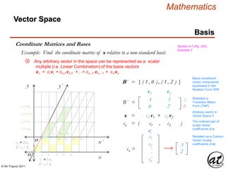 © Art Traynor 2011
Mathematics
y´
Vector Space
Basis
Coordinate Matrices and Bases Section 4.7 (Pg. 203),
Example 2
Example: Find the coordinate matrix of x relative to a non-standard basis
Any arbitrary vector in the space can be represented as a scalar
multiple (i.e. Linear Combination) of the basis vectors
xn = ci vi + ci+1 vi+1 +…+ cn –1 vn – 1 + cn vn
x
y
x´
O
O ´
1B 2B 3B 4B 5B
1B ⇌ ½B´
1B´ 2B´ 3B´
2B ⇌ 1B´
3B ⇌ 1½ B´
4B ⇌ 2B´
v2 = 2 u2
( 1 , 2 )
v1 = 1 u1
( 1 , 0 )
xn = c1 v1 + c2 v2
cn = ( c1 , c2 )
B´ = { ( 1 , 0 ) , ( 1 , 2 ) }
111 112
021 222
B´ =
v1 v2
xi
yj
Basis constituent
vector components
expressed in Set
Notation Form SNF
Restated in
Transition Matrix
Form (TMF)
Arbitrary vector in
Vector Space V
c1
c2
cn
.
.
.
cn = 
ci
311
221
The ordered pair of
scalar vector
coefficients of x
Restated as a Column
Vector (scalar
coefficients of x)
1B´ 2B´ 3B´ 4B´ 5B´
④
 