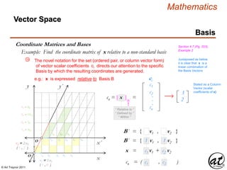 © Art Traynor 2011
Mathematics
y´
Vector Space
Basis
Coordinate Matrices and Bases Section 4.7 (Pg. 203),
Example 2
Example: Find the coordinate matrix of x relative to a non-standard basis
x
y
x´
O
O ´
1B 2B 3B 4B 5B
1B ⇌ ½B´
1B´ 2B´ 3B´
2B ⇌ 1B´
3B ⇌ 1½ B´
4B ⇌ 2B´
v2 = 2 u2
( 1 , 2 )
v1 = 1 u1
( 1 , 0 )
c1
c2
cn
.
.
.

ci
311
221
Stated as a Column
Vector (scalar
coefficients of x)
Juxtaposed as below,
it is clear that x is a
linear combination of
the Basis Vectors
cn = [ x ]B´ =
The novel notation for the set (ordered pair, or column vector form)
of vector scalar coefficients ci directs our attention to the specific
Basis by which the resulting coordinates are generated.
e.g.: x is expressed relative to Basis B
“ Relative to ”
“ Defined by ”
“ Within ”
xn = c1 v1 + c2 v2
cn = ( c1 , c2 )
B´ = { v1 , v2 }
B´ = { 1 v1 , 1 v2 }1B´ 2B´ 3B´ 4B´ 5B´
5b
 