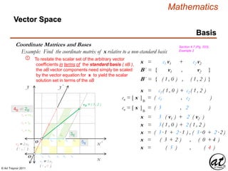 © Art Traynor 2011
Mathematics
y´
Vector Space
Basis
Coordinate Matrices and Bases Section 4.7 (Pg. 203),
Example 2Example: Find the coordinate matrix of x relative to a non-standard basis
①
x
y
x´
O
O ´
1B 2B 3B 4B 5B
1B ⇌ ½B´
1B´ 2B´ 3B´
2B ⇌ 1B´
3B ⇌ 1½ B´
4B ⇌ 2B´
v2 = 2 u2
( 1 , 2 )
v1 = 1 u1
( 1 , 0 )
To restate the scalar set of the arbitrary vector
coefficients in terms of the standard basis ( sB ),
the aB vector components need simply be scaled
by the vector equation for x to yield the scalar
solution set in terms of the sB
xB = ( 3 , 2 )
xn = c1 v1 + c2 v2
B´ = { ( 1 , 0 ) , ( 1 , 2 ) }
B´ = { v1 , v2 }
xn = c1 ( 1 , 0 ) + c2 ( 1 , 2 )
cn = [ x ]B
= ( c1 , c2 )
cn = [ x ]B
= ( 3 , 2 )
xn = 3( 1 , 0 ) + 2 ( 1 , 2 )
x = ( 3·1 + 2·1 ) , ( 3·0 + 2·2 )
x = ( 3 + 2 ) , ( 0 + 4 )
x = ( 5 ) , ( 4 )
xn = 3 ( v1 ) + 2 ( v2 )
1B´ 2B´ 3B´ 4B´
5B´
 