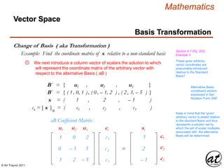 © Art Traynor 2011
Mathematics
Change of Basis ( aka Transformation )
Basis Transformation
Vector Space
Section 4.7 (Pg. 203),
Example 3Example: Find the coordinate matrix of x relative to a non-standard basis
We next introduce a column vector of scalars the solution to which
will represent the coordinate matrix of the arbitrary vector with
respect to the alternative Basis ( aB )
①
B´ = { u1 , u2 , u3 }
B´ = { ( 1 , 0, 1 ) , ( 0 , – 1, 2 ) , ( 2 , 3, – 5 ) }
1
0
1
0
– 1
2
– 2
– 3
– 5
aB Coefficient Matrix
u1 u2 u3
Alternative Basis
constituent vectors
expressed in Set
Notation Form SNF
These given arbitrary
vector coordinates are
presumably introduced
relative to the Standard
Basis?
1
2
– 1
c1
c2
c3
xi
xn = ( 1 , 2 , – 1 )
Keep in mind that the ‘given’
arbitrary vector is stated relative
to the standard Basis and thus
represents a solution set by
which the set of scalar multiples
associated with the alternative
Basis will be determined
c1
c2
ci
– c3
=
cn = [ x ]B
= ( c1 , c2 , c3 )
 
