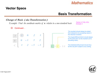 © Art Traynor 2011
Mathematics
Vector Space
Basis Transformation
Change of Basis ( aka Transformation )
Section 4.7 (Pg. 203),
Example 3Example: Find the coordinate matrix of x relative to a non-standard basis
Continued…④
1
0
1
0
– 1
2
– 2
– 3
– 5
1
2
– 1
A1
B1
C1 C1 = C2 – 1A1
The resultant should always be stated
first (indexed to its succeeding value) in
the reduction evolution.
The Augend/Minuend term should always
be the same term as the resultant (at its
prevailing index).
The Subtrahend/Summand should thus
be the only term subject to any scaling.
 
