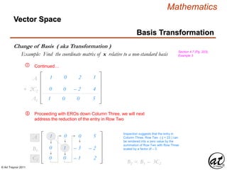 © Art Traynor 2011
Mathematics
Vector Space
Basis Transformation
Change of Basis ( aka Transformation )
Section 4.7 (Pg. 203),
Example 3Example: Find the coordinate matrix of x relative to a non-standard basis
Proceeding with EROs down Column Three, we will next
address the reduction of the entry in Row Two
1 0 – 0 5A1
Inspection suggests that the entry in
Column Three, Row Two ( ij = 23 ) can
be rendered into a zero value by the
summation of Row Two with Row Three
scaled by a factor of – 3.
Continued…
– 1 0 – 0 – 5A1
0 – 0 – 2 – 4+ 2C2
0 – 1 – 3 – 2B1
– 0 0 – 1 – 2C2
B2 = B1 – 3C2
1 0 – 2 1A1
⑦
⑧
 