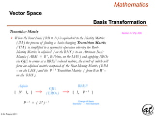 © Art Traynor 2011
Mathematics
Transition Matrix
Basis Transformation
Vector Space
Section 4.7 (Pg. 208)
When the Root Basis ( RB = B ) is equivalent to the Identity Matrix
( IM ) the process of finding a basis-changing Transition Matrix
( TM ) is simplified to a symmetric operation whereby the Root-
Identity Matrix is adjoined ( on the RHS ) to an Alternate Basis
Matrix ( ABM = B′ , B-Prime, on the LHS ) and applying EROs
via GJE to arrive at a RREF reduced matrix, the result of which will
form an adjoined matrix composed of the Root-Identity Matrix ( RIM
– on the LHS ) and the P – 1 Transition Matrix ( from B to B′ –
on the RHS ).

[ B′ In ]
Adjoin
[ In P – 1 ]
RREF

GJE
( EROs ) 
P – 1 = ( B′ ) – 1 ′ Change of Basis
Standard  Non-Standard
 