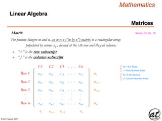 © Art Traynor 2011
Mathematics
Matrices
Matrix
For positive integers m and n, an m x n (“m by n”) matrix is a rectangular array
Row 1
populated by entries aij , located at the i-th row and the j-th column:
Linear Algebra
a11
Row 2
Row 3
Row m
.
.
.
a21
a31
am1
.
.
.
a12
a22
a32
am2
.
.
.
a13
a23
a33
am3
.
.
.
. . .
. . .
. . .
. . .
.
.
.
a1n
a2n
a3n
amn
.
.
.
mi
mi+1
mi+2
mm
nj nj+1 nj+2 nn
M = # of Rows
i = Row Number Index
N = # of Columns
j = Column Number Index
C1 C2 C3 . . . Cn
Section 1.2, (Pg. 13)
 “ i ” is the row subscript
 “ j ” is the column subscript
 