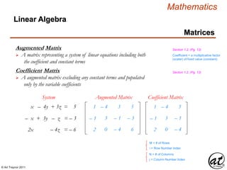 © Art Traynor 2011
Mathematics
Matrices
Linear Algebra
1
– 1
2
– 4
3
0
3
– 1
– 4
5
– 3
6
x – 4y + 3z = 5
– x + 3y – z = – 3
2x – 4z = – 6
System Augmented Matrix
1
– 1
2
– 4
3
0
3
– 1
– 4
Coefficient Matrix
M = # of Rows
i = Row Number Index
N = # of Columns
j = Column Number Index
Augmented Matrix
 A matrix representing a system of linear equations including both
the coefficient and constant terms
Coefficient = a multiplicative factor
(scalar) of fixed value (constant)
Section 1.2, (Pg. 13)
Coefficient Matrix
 A augmented matrix excluding any constant terms and populated
only by the variable coefficients
Section 1.2, (Pg. 13)
 