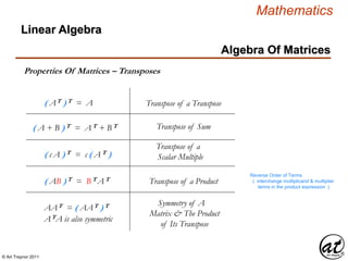 © Art Traynor 2011
Mathematics
Algebra Of Matrices
Linear Algebra
Properties Of Matrices – Transposes
( AT ) T = A
Transpose of a
Scalar Multiple
( A + B ) T = A T + B T
( c A ) T = c ( A T )
Transpose of a Transpose
Transpose of Sum
( AB ) T = B T A T Transpose of a Product
Reverse Order of Terms
( interchange multiplicand & multiplier
terms in the product expression )
Symmetry of A
Matrix & The Product
of Its Transpose
AAT = ( AAT ) T
ATA is also symmetric
 