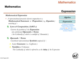 © Art Traynor 2011
Mathematics
Expression
Mathematical Expression
A representational precursive discrete composition to a
Mathematical Statement or Proposition ( e.g. Equation )
consisting of :

Operands / Terms
Expression
A well-formed symbolic
representation of Operands
( Terms or Monomials ) ,
of discrete arity, upon which one
or more Operations ( LOC’s ) may
structure a Relation
Mathematics
n Scalar Constants ( i.e. Coefficients )
n Variables or Unknowns
The Cardinality of which is referred to as the Arity of the Expression
Constituent representational Symbols composed of :
Algebra
Laws of Composition ( LOC’s )
Governs the partition of the Expression
into well-formed Operands or Terms
( the Cardinality of which is a multiple of Monomials )
 