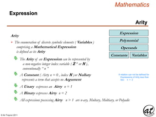 © Art Traynor 2011
Mathematics
Arity
Arity
Expression
The enumeration of discrete symbolic elements ( Variables )
comprising a Mathematical Expression
is defined as its Arity

The Arity of an Expression can be represented by
a non-negative integer index variable ( ℤ + or ℕ ),
conventionally “ n ”

A Constant ( Airty n = 0 , index ℕ )or Nullary
represents a term that accepts no Argument

A Unary expresses an Airty n = 1
A relation can not be defined for
Expressions of Arity less than
two: n < 2
A Binary expresses Airty n = 2
All expressions possessing Airty n > 1 are n-ary, Multary, Multiary, or Polyadic
VariablesConstants
Operands
Expression
Polynomial
 
