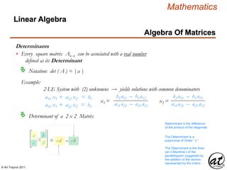 © Art Traynor 2011
Mathematics
Algebra Of Matrices
Linear Algebra
Determinants
Every square matrix Anx n can be associated with a real number
defined as its Determinant

Notation: det ( A ) = |a |
a11 x1 + a12 x2 = b1
a21 x1 + a22 x2 = b2
Example:
2-LE System with (2) unknowns  yields solutions with common denominators
b1 a22 – b2 a12
a11 a22 – a21 a12
x1 =
b2 a11 – b1 a21
a11 a22 – a21 a12
x2 =
Determinant of a 2 x 2 Matrix
Determinant is the difference
of the product of the diagonals
The Determinant is a
polynomial of Order “ n ”
a
c
b
d = ad – cb
The Determinant is the Area
(an n-Manifold ) of the
parallelogram suggested by
the addition of the vectors
represented by the matrix
 