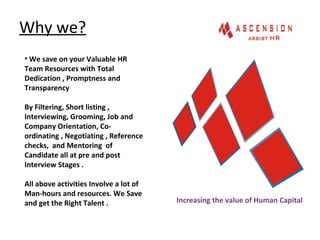 Why we?
Increasing the value of Human Capital
• We save on your Valuable HR
Team Resources with Total
Dedication , Promptness and
Transparency
By Filtering, Short listing ,
Interviewing, Grooming, Job and
Company Orientation, Co-
ordinating , Negotiating , Reference
checks, and Mentoring of
Candidate all at pre and post
Interview Stages .
All above activities Involve a lot of
Man-hours and resources. We Save
and get the Right Talent .
 