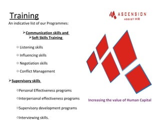 Training
Increasing the value of Human Capital
An indicative list of our Programmes:
Communication skills and
Soft Skills Training
o Listening skills
o Influencing skills
o Negotiation skills
o Conflict Management
Supervisory skills
oPersonal Effectiveness programs
oInterpersonal effectiveness programs
oSupervisory development programs
oInterviewing skills.
 