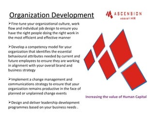 Organization Development
Fine-tune your organizational culture, work
flow and individual job design to ensure you
have th...