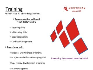 Training
Increasing the value of Human Capital
An indicative list of our Programmes:
Communication skills and
Soft Skill...