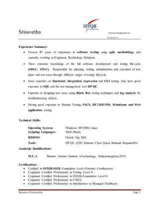 Resume of Srisuvetha Page 1
Srisuvetha rmsrisuvetha@gmail.com
97 423 00 171
Experience Summary:
 Possess 5+ years of experience in software testing using agile methodology and
currently working at Cognizant Technology Solutions.
 Have extensive knowledge of the full software development and testing life-cycle
(SDLC, STLC). Responsible for planning, writing, administration and execution of test
plans and test cases through different stages of testing lifecycle.
 Have expertise on functional, integration, regression and GUI testing. Also have good
exposure to SQL and the test management tool HP QC.
 Expertise in designing test cases using Black Box testing techniques and log analysis for
troubleshooting defects..
 Having good exposure to Manual Testing, PACS, HL7,DICOM, Mainframe and Web
application testing.
Technical Skills:
Operating System: Windows XP/2000, Linux
Scripting Languages: Shell (Bash)
RDBMS: Oracle 10g, SQL
Tools: HP QC, QTP, Rational Clear Quest, Rational RequisitePro
Academic Qualifications:
M.C.A Bannari Amman Institute of technology, Sathyamangalam,2010
Certifications:
 Certified in ISTQB-ISEB Foundation Level (External Certification).
 Cognizant Certified Professional in Testing Level 0.
 Cognizant Certified Professional in ISTQB-Foundation Level 0.
 Cognizant Certified Professional in CSQA.
 Cognizant Certified Professional in Introduction to Managed Healthcare.
 